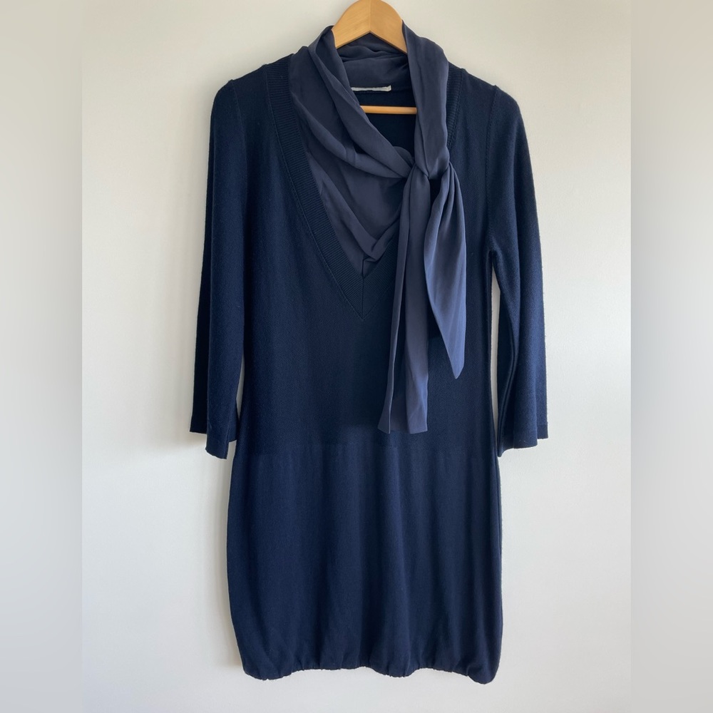 Appartamento 50 Navy Blue Wool Blend Dress with Silk Scarf Neckline Size 6